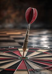 A single dart hits the bullseye on a dartboard.
