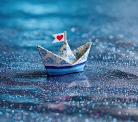 A small, floral-patterned paper boat with a heart flag sails on a shimmering sea of blue glitter.