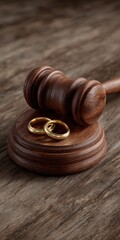 A wooden gavel rests on its stand, with two golden wedding bands in the center.