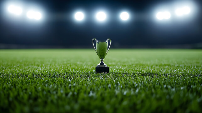 Illuminated sports stadium with a trophy in the center field; symbolizing victory and achievement. Represents the culmination of hard work and teamwork!