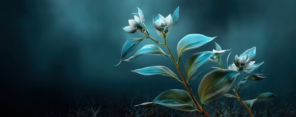 An elegant floral image featuring ghostly white flowers and teal foliage against a dark, moody background.