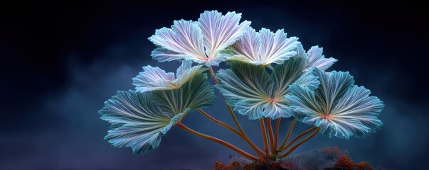 Captivating, ethereal image of a unique plant with fan-like, translucent leaves, bathed in soft, luminescent light against a moody, atmospheric background.