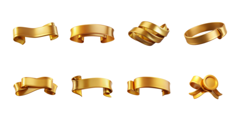 Collection of various realistic 3d shiny gold ribbon banners and scroll shapes for award design on transparent background