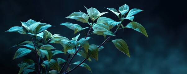 Dramatic studio shot of lush plant with slender leaves in various teal and green tones on a dark blue backdrop.