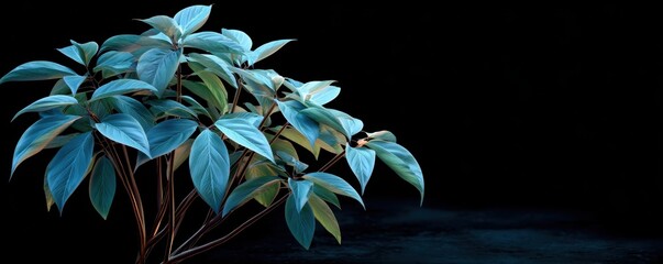 Dramatic studio shot of a tropical plant with large, blue-toned leaves against a dark, moody background.