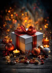 Elegantly wrapped gift box with a red and gold ribbon surrounded by candles, ornaments, and berry sprigs.