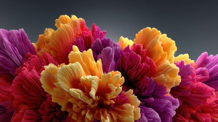 Vibrant and textured, this abstract image features a close-up of colorful, flower-like shapes in shades of yellow, orange, red, and purple.