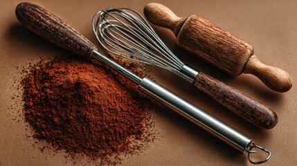 Close up of baking tools including a wire whisk a wooden rolling pin and a pile of brown spices on a sparkling brown surface.