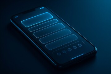Futuristic Mobile App Interface UI with Neon Blue Glow on Dark Background