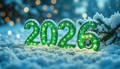 Green illuminated 2026 numbers stand in fresh snow with festive bokeh lights. This image symbolizes a bright new year, future, and winter celebrations, perfect for holiday greetings.