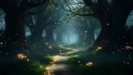 Mystical Forest with Fireflies at Night.