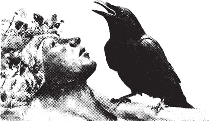 Obraz premium Raven and woman portrait in monochrome. A detailed vector illustration featuring an elegant silhouette and fantasy elements.