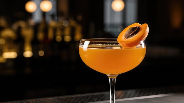 An alcoholic cocktail in coupe glass served straight up with apricot fruit garnish in dark atmosphere of a restaurant bar