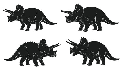 Four black silhouette illustrations of Triceratops dinosaurs on a white background.