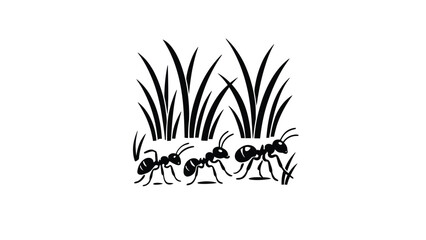 Three ants march in a line through tall grass.