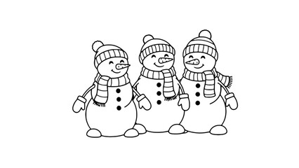 Three happy snowmen stand together wearing hats and scarves.