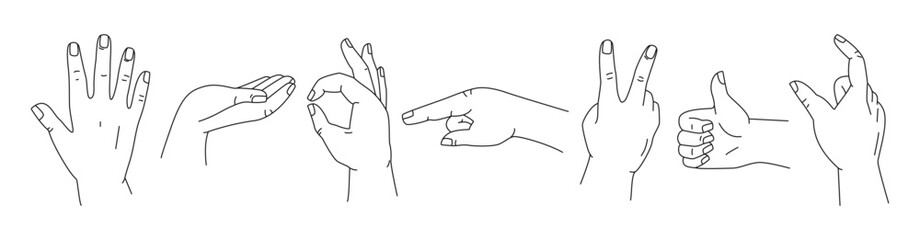 A set of linear hands in different gestures. Showing signals. Silhouettes of hands in various situations for infographic, web, presentation. Vector illustration isolated, editable stroke