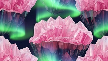 Pink Crystals with Aurora Borealis Background.