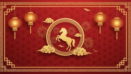 Festive chinese new year illustration with horse symbol on red patterned backdrop