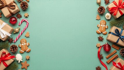 Festive Christmas Arrangement on Light Green Backdrop Creating a Cheerful Holiday Ambiance