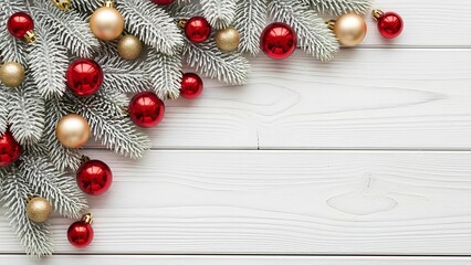 Festive christmas background with frosted pine branches and shining baubles decor