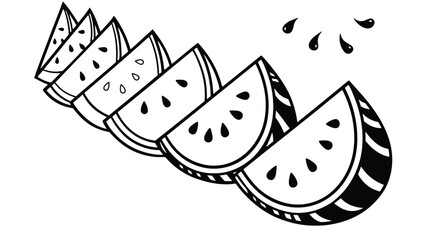 Five slices of watermelon are lined up diagonally with seeds.