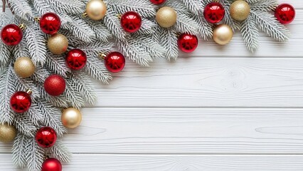Festive christmas composition featuring frosted branches and gleaming ornaments on wooden background