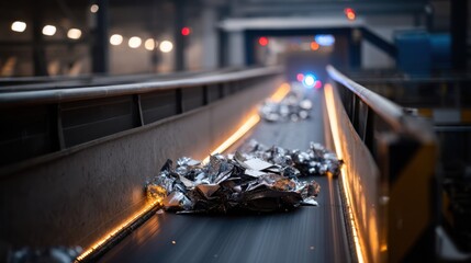 Closeup of a conveyor belt transporting mixed nonferrous scrap through an urban recycling center equipped with digital sensors.