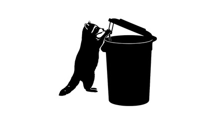 Silhouette of a raccoon opening a trash can lid on a white background.