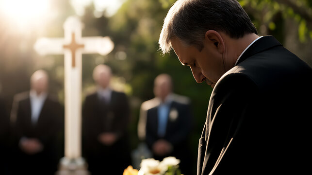 Mourning at a graveside ceremony. Man dressed in black suit with head bowed and cross in the background. A solemn gathering of friends and family for remembrance.
