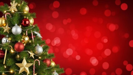 Festive christmas tree adorned with ornaments against a bokeh background creates a bright holiday