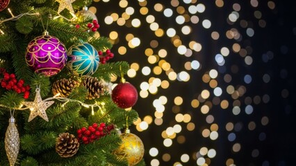 Festive Christmas Tree Adorned with Ornamentation and Gentle Bokeh Lights Display