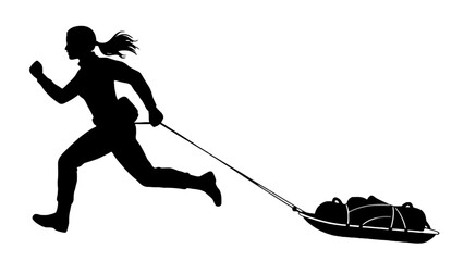 Silhouette of a woman running and pulling a sled with gear