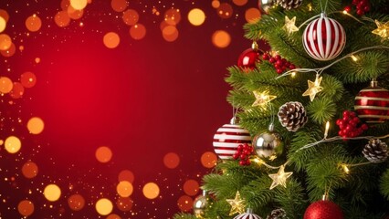 Festive christmas tree adorned with ornaments and twinkling lights against red backdrop