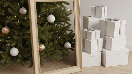 Festive christmas tree framed and pristine gift boxes against a minimalist setting