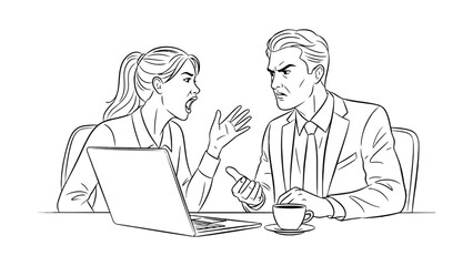 Two people arguing intensely over a laptop with a cup of coffee nearby.