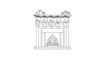 A festive fireplace with stockings and gifts is decorated for Christmas.