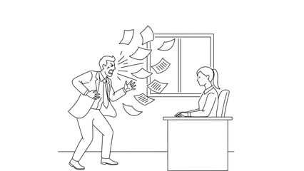 Angry businessman yells and throws papers at colleague in office