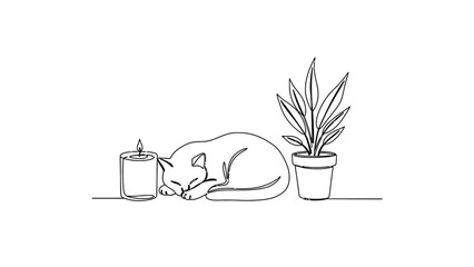 A sleeping cat rests beside a candle and a potted plant.