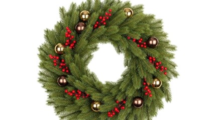 Festive evergreen christmas wreath adorned with golden ornaments and scarlet berries on plain