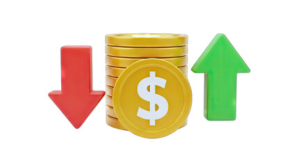 Obraz premium Dollar Coin Stack with Arrows: Financial Growth & Decline