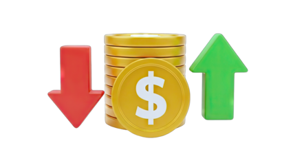 Dollar Coin Stack with Arrows: Financial Growth & Decline