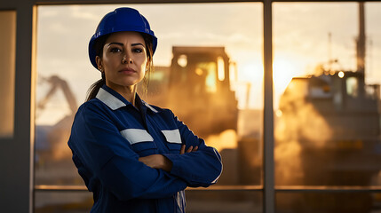 Obraz premium Confident construction worker, wearing a hard hat and safety gear. The background shows heavy machinery. Her expression is serious and determined. Industry leader.