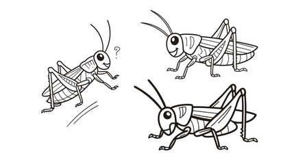 Three cartoon grasshoppers are shown in different poses and expressions.