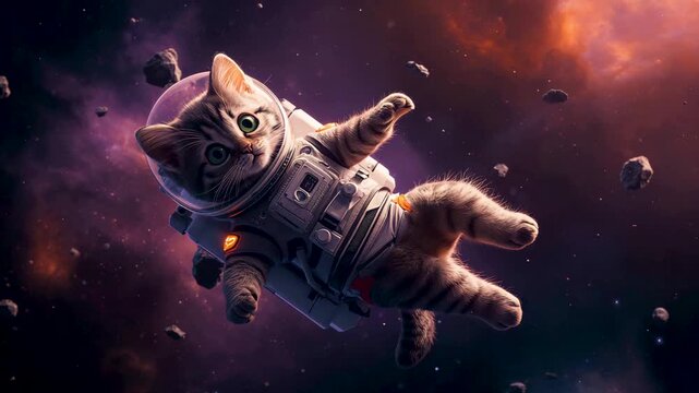 Cat astronaut floating in outer space wearing spacesuit with stars, nebula, and cosmic background