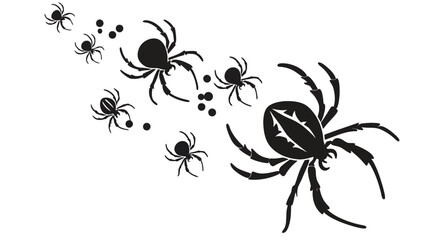 A large spider leads a group of smaller spiders across a white background.