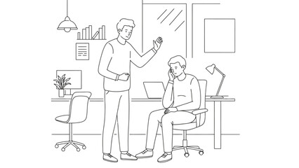 Two men are in an office discussing work while one is on the phone.