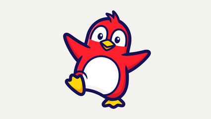 Cartoon penguin with red feathers and a white belly, cheerfully waving its wings.