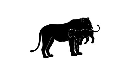 A silhouette of a mother lion and her cub stands against a white background.