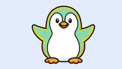Cartoon penguin with a green back and white belly standing with its wings out.
